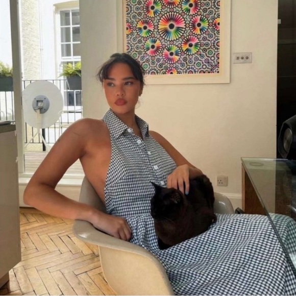 Reformation Tace Linen Dress in Slate Check Navy Open Back Midi Button Size 10 - Picture 3 of 8